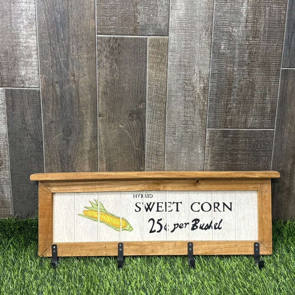 Rustic Sweet Corn 25¢ Bushel Wood Wall Sign Shelf 4 Hooks Farmhouse